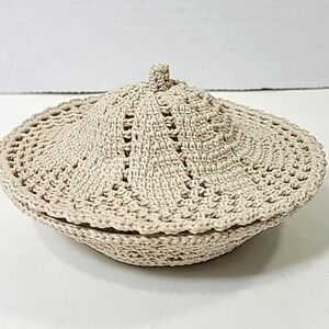 Hand Crochet Trinket Dish with Lid Beige Hsnd Made Gift for Mom